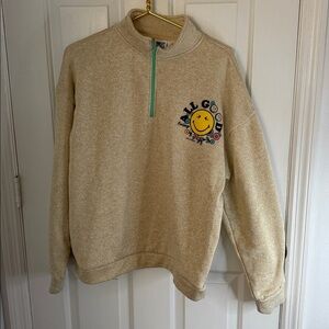 NEW Smiley World Beige 3/4 Zip Sweatshirt Logo “Feeling All Good”